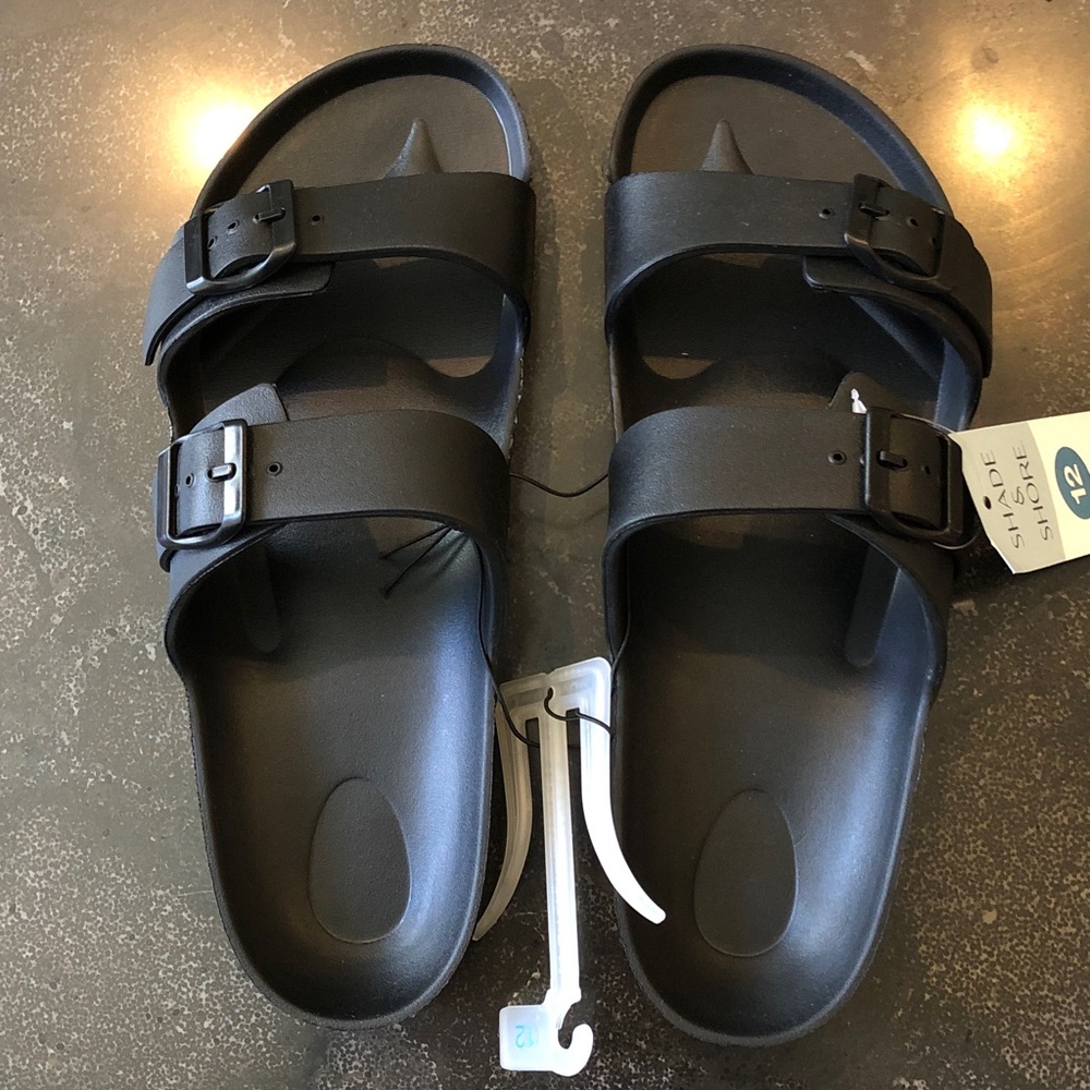Shade & Shore Black Dual-Strap Buckle Slide Sandals, size 12
